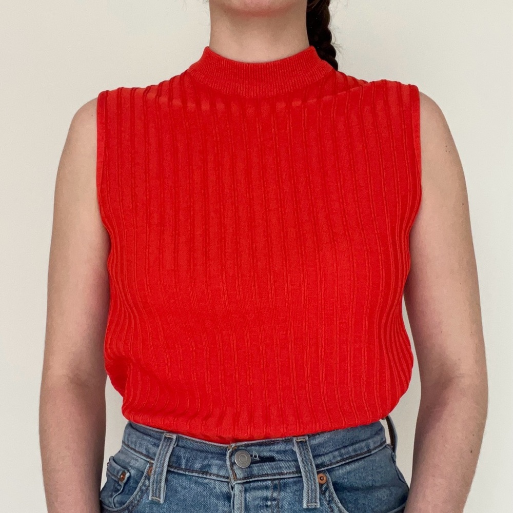70s Retro Vibrant Sleeveless Ribbed Knit  Mock Neck Top
